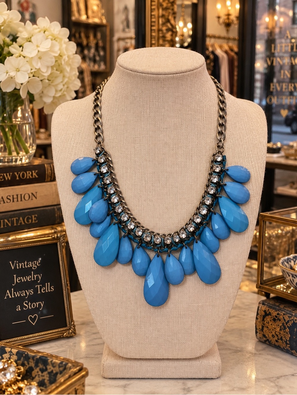 Turquoise Statement Teardrop Necklace With CZ Accents